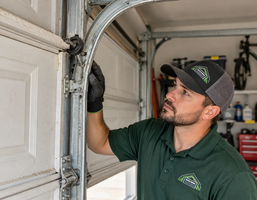 Technician inspecting an off-track residential garage door
