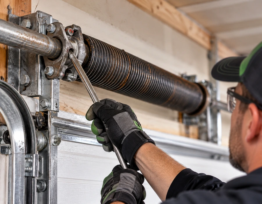 Professional inspection of a residential garage door torsion spring system